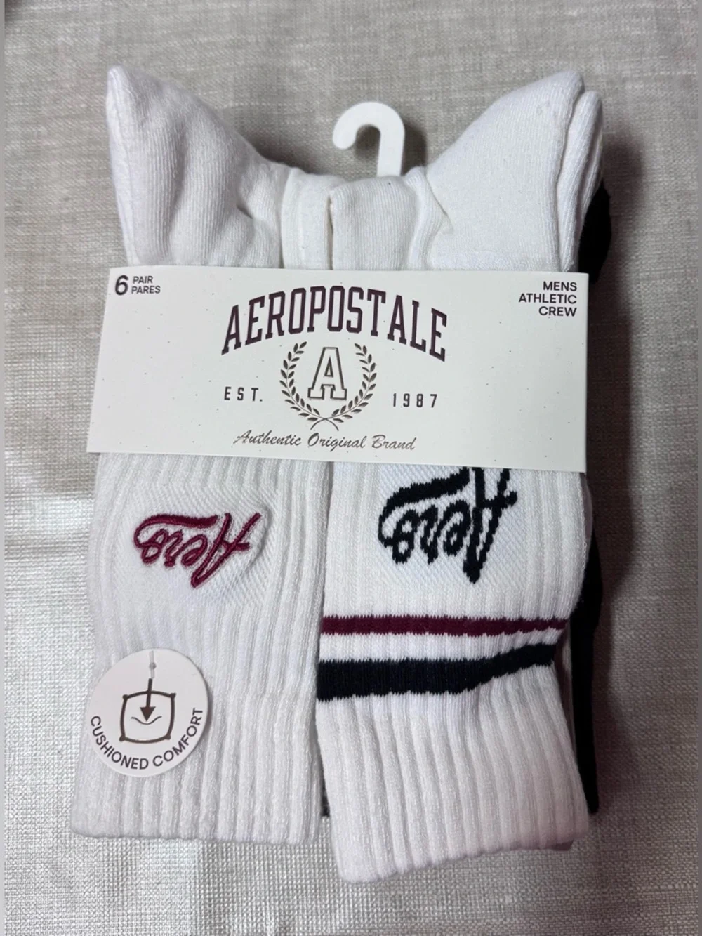Aeropostale Men's White Athletic Crew Socks with Maroon & Black Accents